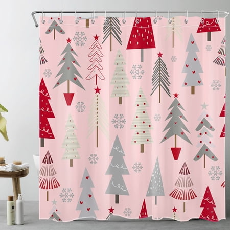 HVEST Christmas Tree Shower Curtain Decor,Abstract Christmas Trees and Grey Snowflake on Pink Shower Curtain for Bathroom 69X70 inch Polyester Fabric Bathroom Decoration Bath Curtains Hooks Included