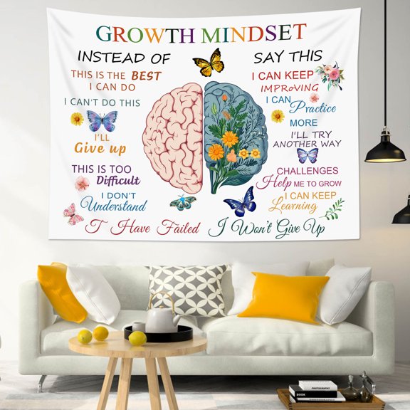 HVEST Classroom Growth Mindset Tapestry Wall Hanging Butterfly Wildflower Floral Wall Tapestry for Bedroom Inspirational Quotes Tapestry for Living Room College Dorm Home Decor,59x51 inch