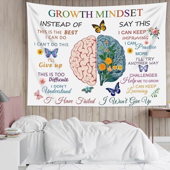 HVEST Classroom Growth Mindset Tapestry Wall Hanging Butterfly Wildflower Floral Wall Tapestry for Bedroom Inspirational Quotes Tapestry for Living Room College Dorm Home Decor,80x60 inch