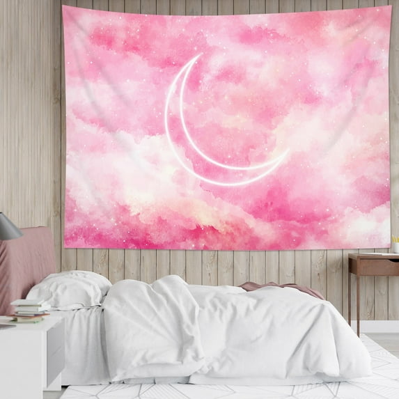 HVEST Cloud Tapestry Boho Moon on Pink Abstract Clouds Tapestries Wall Hanging for Bedroom Living Room Dorm Party Wall Decor, 80W X 60L Inches