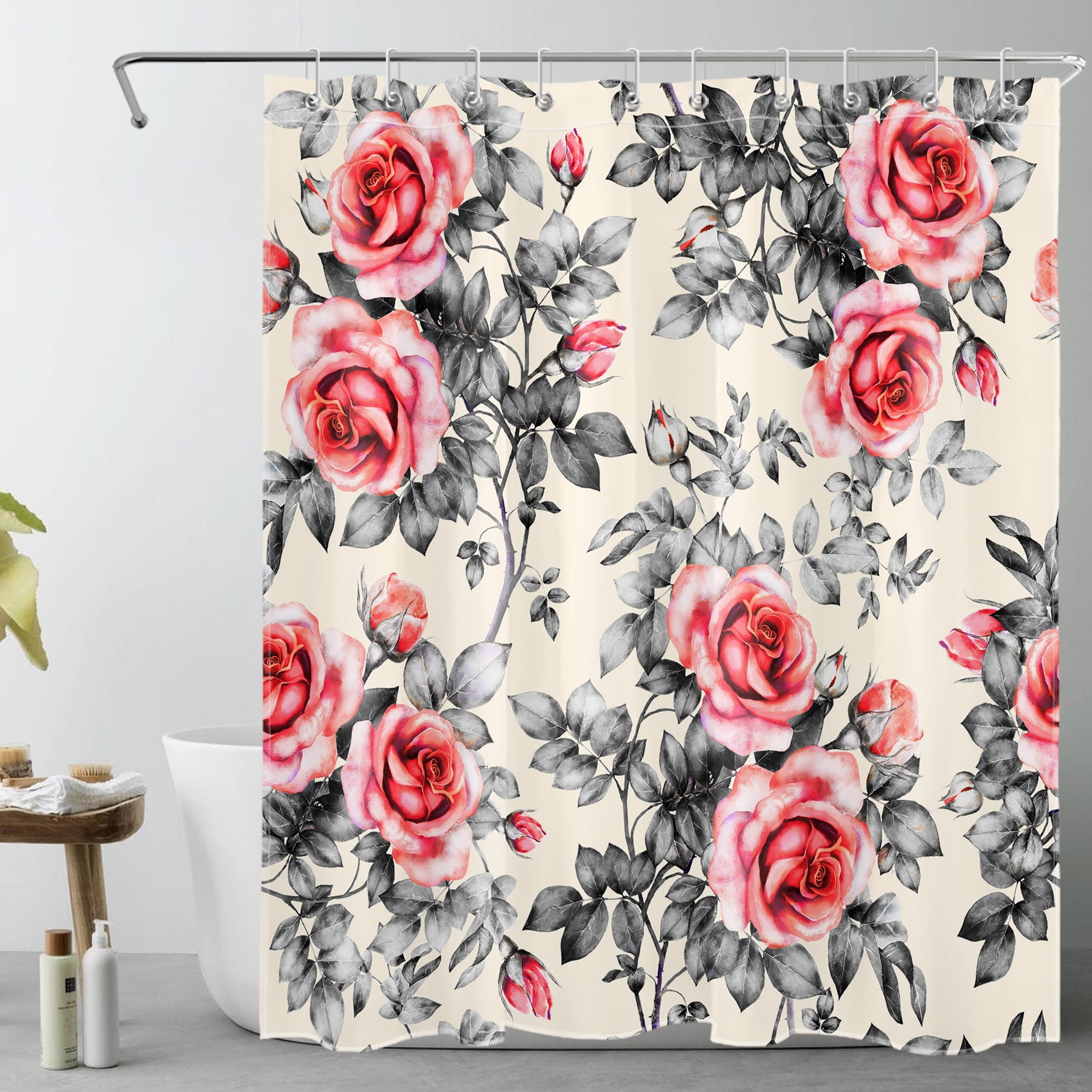 AILONEN Red Rose Heart Shower Curtain - Romantic Flower Bathroom Decor | Waterproof Polyester 72x96 With Hooks 2 thumbnail image