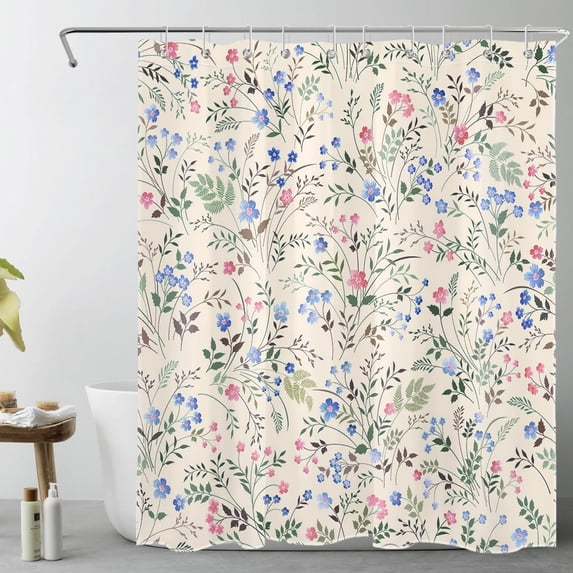 HVEST Country Wildflower Shower Curtain for Bathroom,Blue and Pink Floral with Green Leaf Plant on Beige Fabric Shower Curtain with Hooks,Spring Nature Bathroom Curtains Shower Set, 60x72 inches