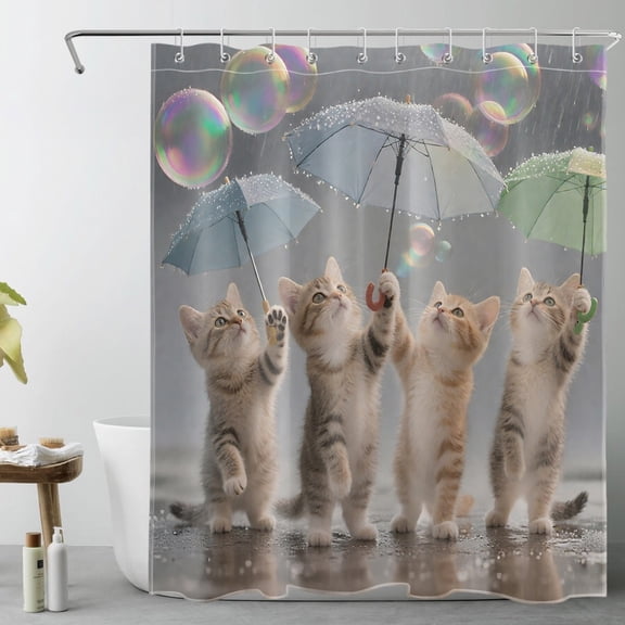 HVEST Cute Cat Animal Shower Curtain with Umbrella and Colorful Bubble Design - Grey Bathroom Decor, Waterproof Polyester Fabric, Includes 10 Hooks, 60x72 Inches