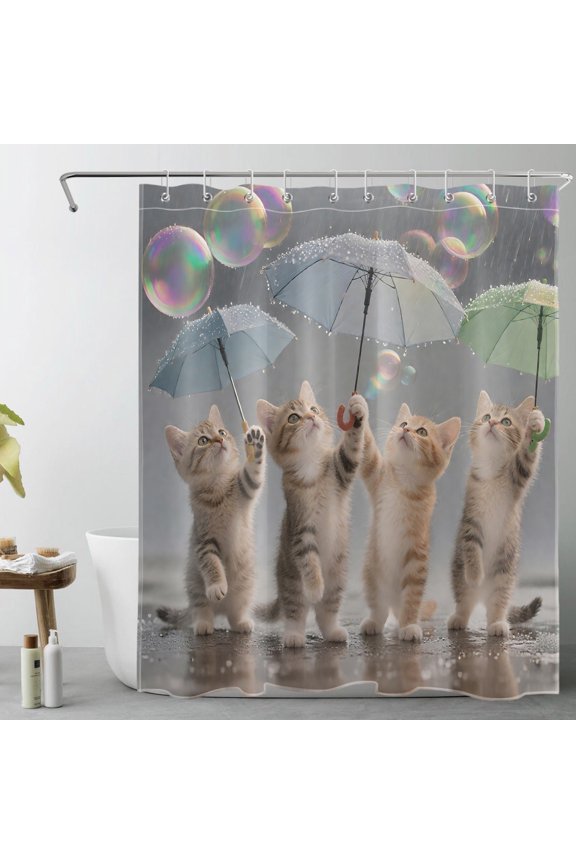 Cute Cat Animal Shower Curtain with Umbrella and Colorful Bubble Design - Grey Bathroom Decor, Waterproof Polyester Fabric, Includes 10 Hooks, 60x72 Inches