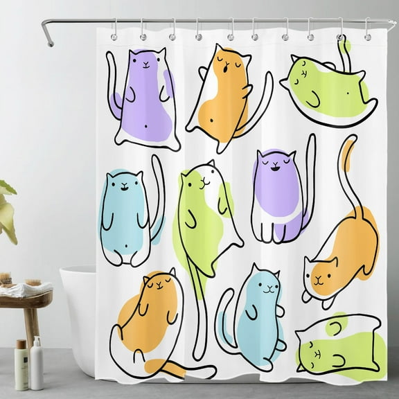 HVEST Cute Cat Shower Curtain with Abstract Lovely Colorful Cat Design - Funny Animal Bathroom Decor, Waterproof Polyester Fabric, Includes 10 Hooks, 60x72 Inches