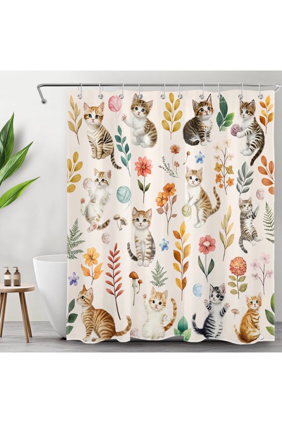 Cute Cat Shower Curtain, Boho Watercolor Floral Plant Shower Curtain - Cute Animal Wildflower Beige Bathroom Decor, Waterproof Polyester Fabric, Includes 10 Hooks, 60x72 Inches