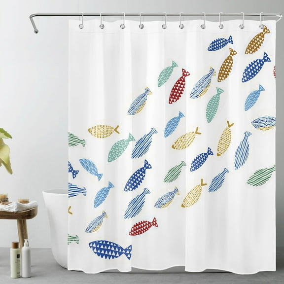HVEST Cute Fish Shower Curtain with Abstract Geometric Fish Pattern Design - Modern Simple Bathroom Decor, Waterproof Polyester Fabric, Includes 10 Hooks, 60x72 Inches