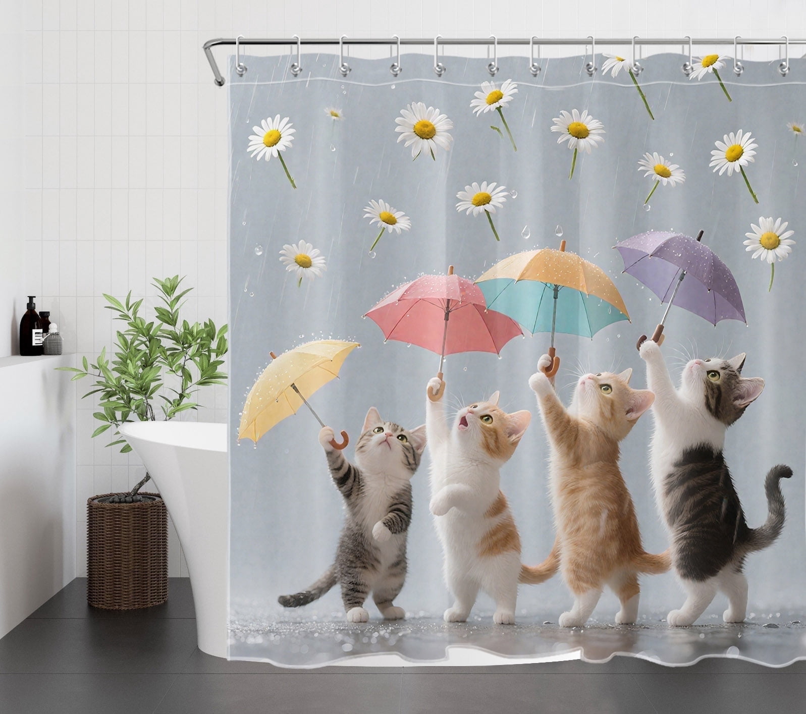 HVEST Cute Funny Cat Shower Curtain with Umbrella and Daisy Flower Design - Cute Animal Bathroom Decor, Waterproof Polyester Fabric, Includes 12 Hooks, 72x78 Inches