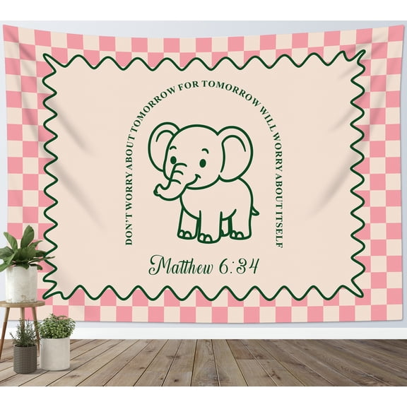 HVEST Cute Funny Elephant Tapestry Wall Hanging Bible Verse Beige and Pink Wall Tapestry for Bedroom Pink Checkered Tapestry for Living Room College Dorm Home Decor,80x60 inch