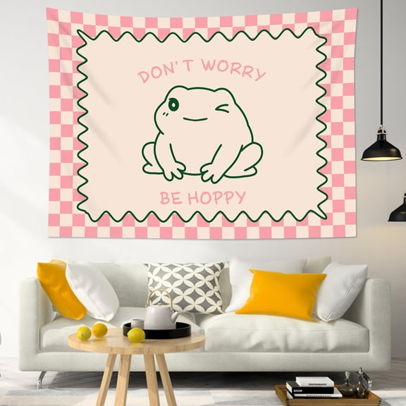 HVEST Cute Funny Frog Tapestry Wall Hanging Classroom Pink Checkered Wall Tapestry for Bedroom Funny Animal Tapestry for Living Room College Dorm Home Decor,59x51 inch