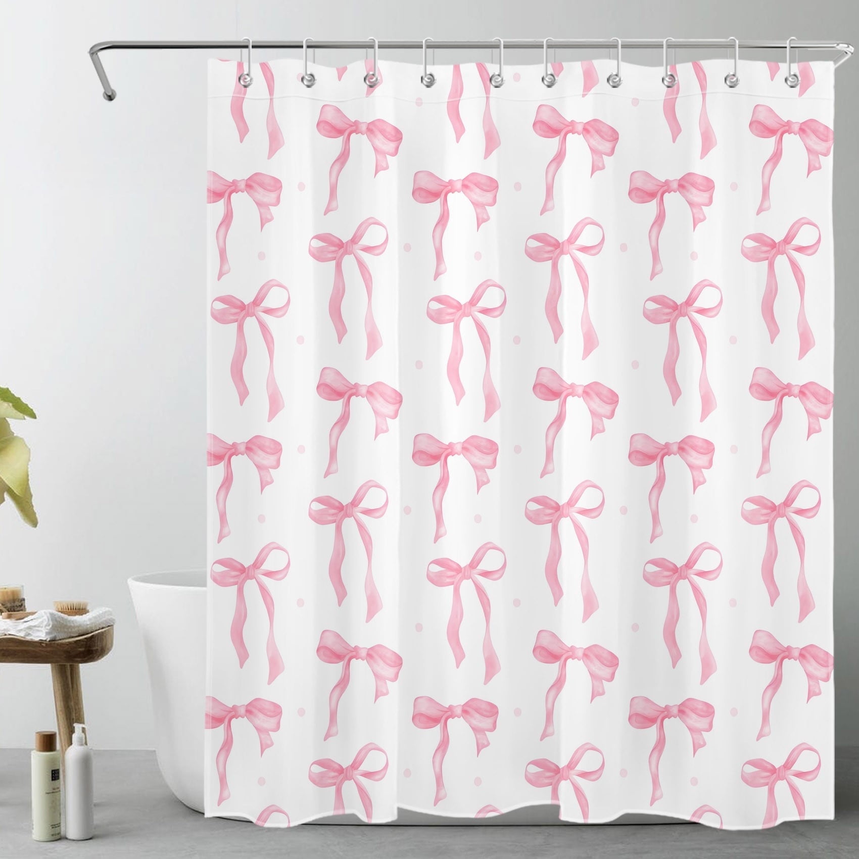 HVEST Cute Pink Bow Shower Curtain with Pink and White Design - Modern Aesthetic Bow for Girls Bathroom Decor, Waterproof Polyester Fabric, Includes 10 Hooks, 60x72 Inches