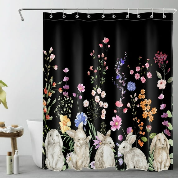HVEST Easter Rabbit Shower Curtain for Bathroom,Funny Animal and Country Colorful Wildflower Green Plant on Black Fabric Shower Curtain with Hooks,Rustic Nature Bathroom Curtains Shower Set, 60x72 inc