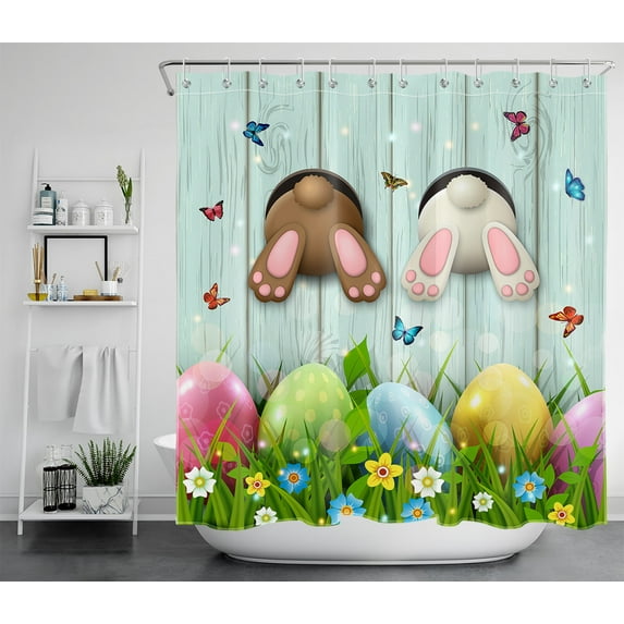 HVEST Easter Shower Curtain for Bathroom Decor,Funny Rabbit on Rustic Wooden Board Shower Curtain with Hooks Set,Easter Eggs on Grass Polyester Waterproof Durable Fabric Bath Accessories 70x69 Inches