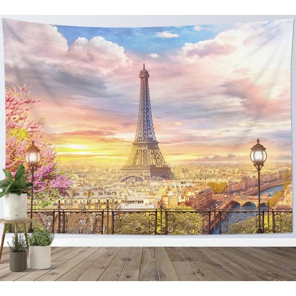 HVEST Eiffel Tower Tapestry Spring Scenery of Romantic City Tapestry Wall Hanging Paris Wall Art for Bedroom Living Room Dorm Party Decor, 60W X 40H inches