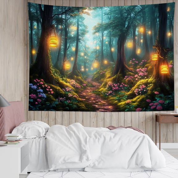 HVEST Enchanted Forest Tapestry Wall Hanging Green Plant Tree Floral Lantern Wall Tapestry for Bedroom Fantasy Forest Tapestry for Living Room College Dorm Home Decor,59x51 inch