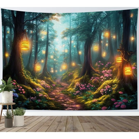 HVEST Enchanted Forest Tapestry Wall Hanging Green Plant Tree Floral Lantern Wall Tapestry for Bedroom Fantasy Forest Tapestry for Living Room College Dorm Home Decor,80x60 inch