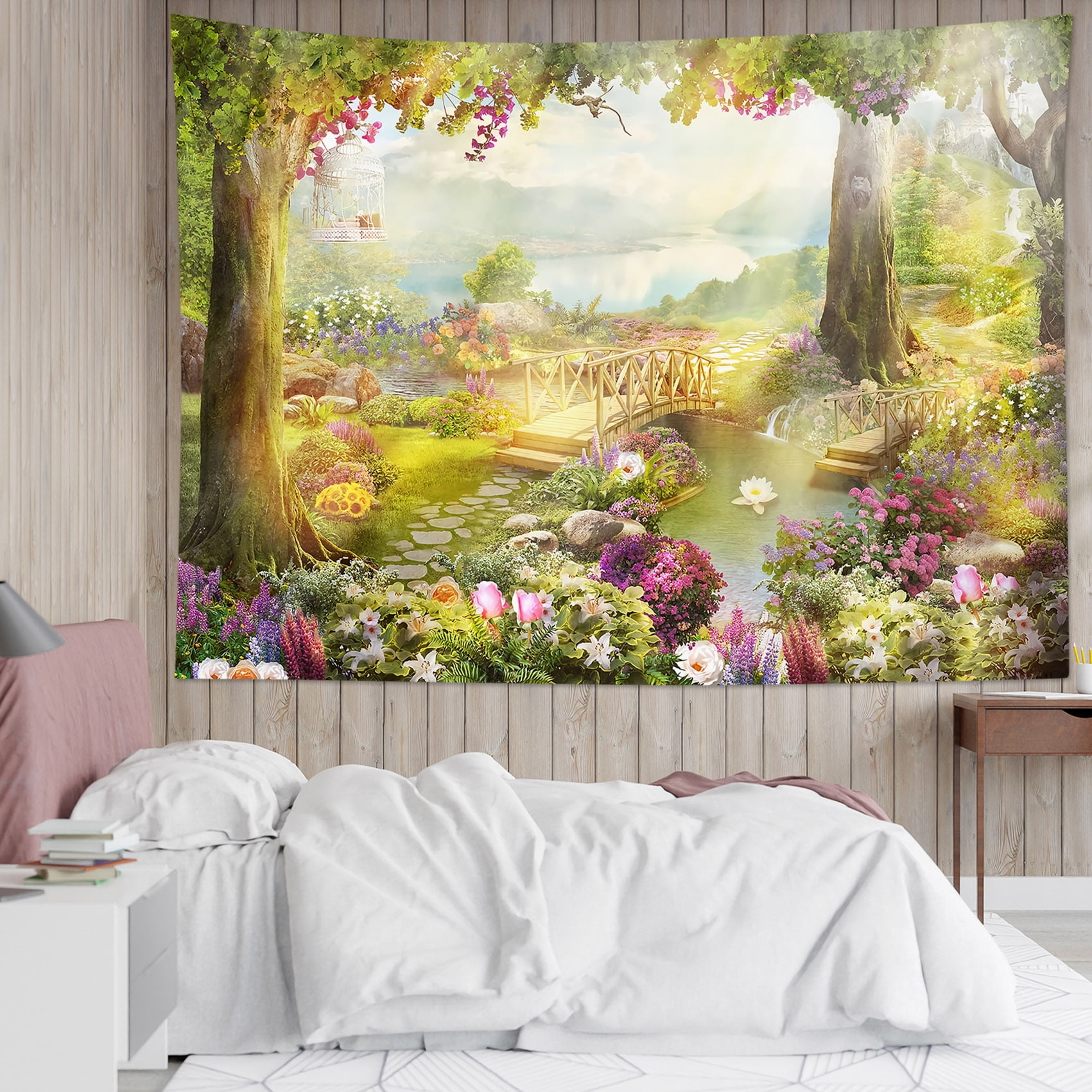 HVEST Fairy Tale Forest Tapestry Spring Green leaf Plant with Colorful Flower Natural Landscape Wall Hanging Tapestry for Bedroom Living Room Dorm Party Wall Decor 59X51 Inches Walmart