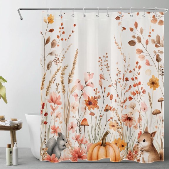 HVEST Fall Floral Pumpkin Shower Curtain with Rustic Wildflower Plant and Squirrel Design - Autumn Harvest Bathroom Decor, Waterproof Polyester Fabric, Includes 10 Hooks, 60x72 Inches