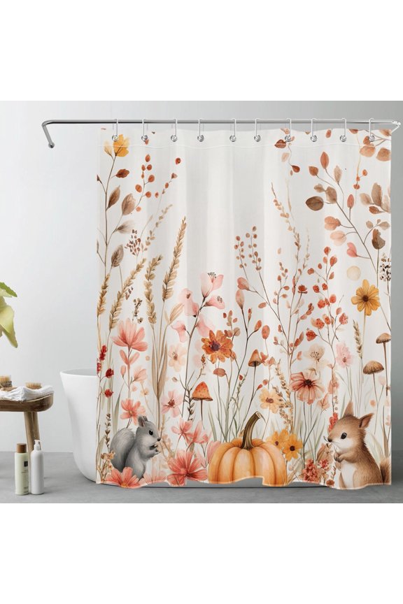 Fall Floral Pumpkin Shower Curtain with Rustic Wildflower Plant and Squirrel Design - Autumn Harvest Bathroom Decor, Waterproof Polyester Fabric, Includes 10 Hooks, 60x72 Inches