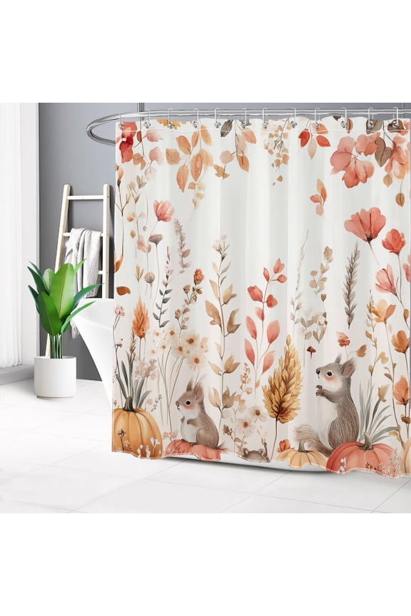 Fall Flower Plant Shower Curtain with Rustic Orange Pumpkin and Squirrel Design - Autumn Harvest Farmhouse Bathroom Decor, Waterproof Polyester Fabric, Includes 12 Hooks, 72x72 Inches