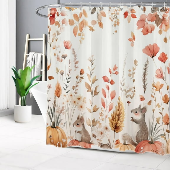 HVEST Fall Flower Plant Shower Curtain with Rustic Orange Pumpkin and Squirrel Design - Autumn Harvest Farmhouse Bathroom Decor, Waterproof Polyester Fabric, Includes 12 Hooks, 72x72 Inches