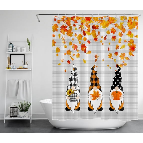 HVEST Fall Gnome Shower Curtain Farmhouse Gnome and Falling Maple Leaves on Grey Buffalo Check Plaid Shower Curtains for Bathroom, Autumn Theme Waterproof Fabric Bath Curtains with Hooks, 60x72 Inch