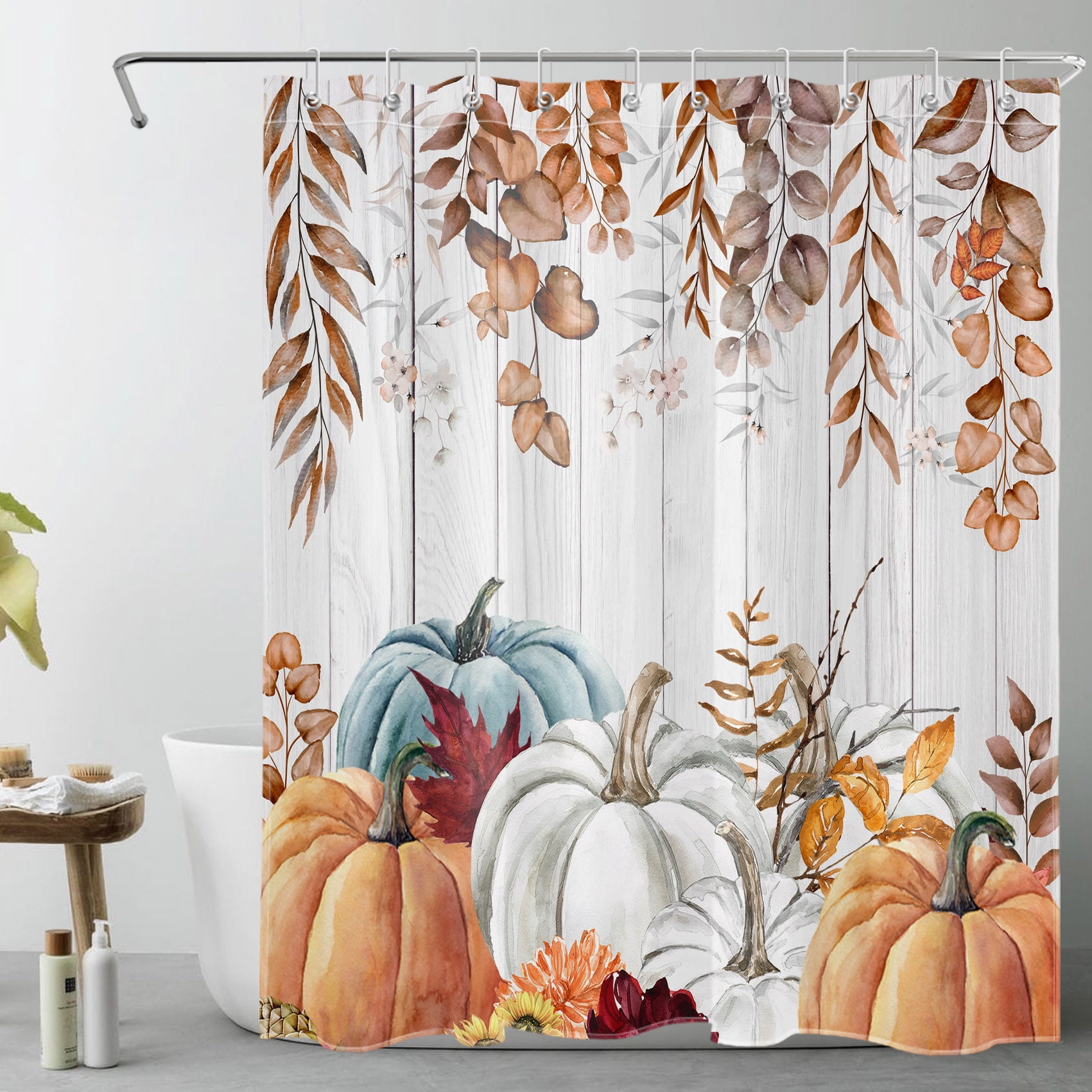 HVEST Fall Shower Curtain - Maple Leaves Pumpkin Gnome Design, 72x72 Inch Polyester, Farmhouse Bathroom Decor