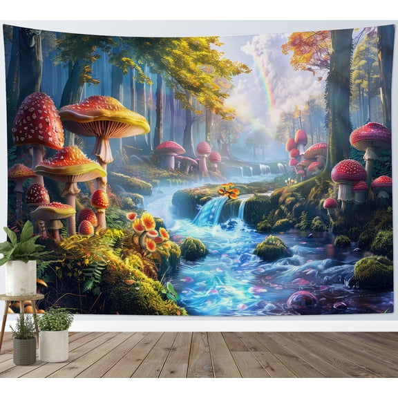 HVEST Fantasy Forest Mushroom Tapestry Wall Hanging Green Forest Tree Plant Rainbow Wall Tapestry for Bedroom Landscape Aesthetic Tapestry for Living Room College Dorm Home Decor,80x60 inch