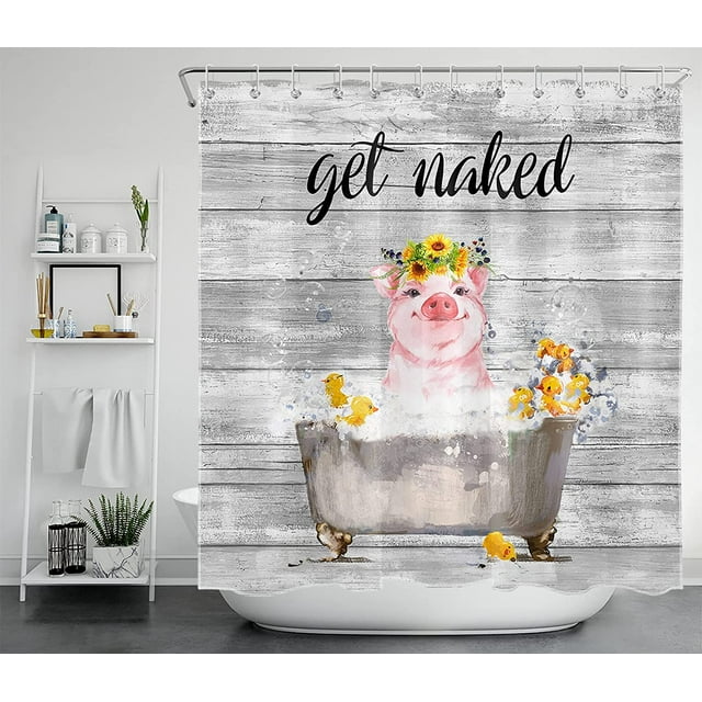HVEST Farm Pig and Get Naked Shower Curtain Funny Animal with Yellow Sunflower Bathroom Shower Curtain with Hooks Rustic Planks Polyester Waterproof Durable Fabric Bath Decor Accessories,72x78 Inches