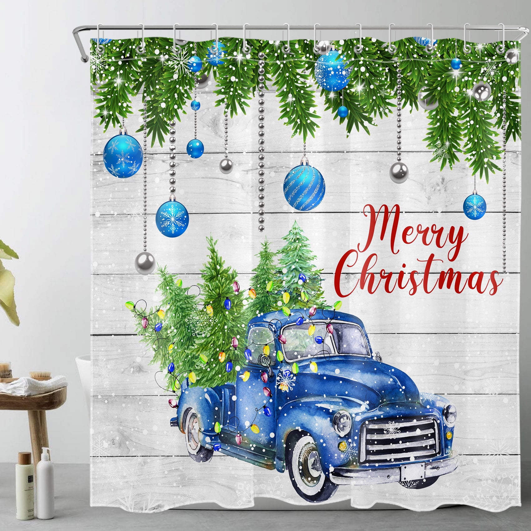 Weihnachts-Duschvorhang – Lustiges Farm-Design Mit Schweinchen, Esel & Rotem LKW