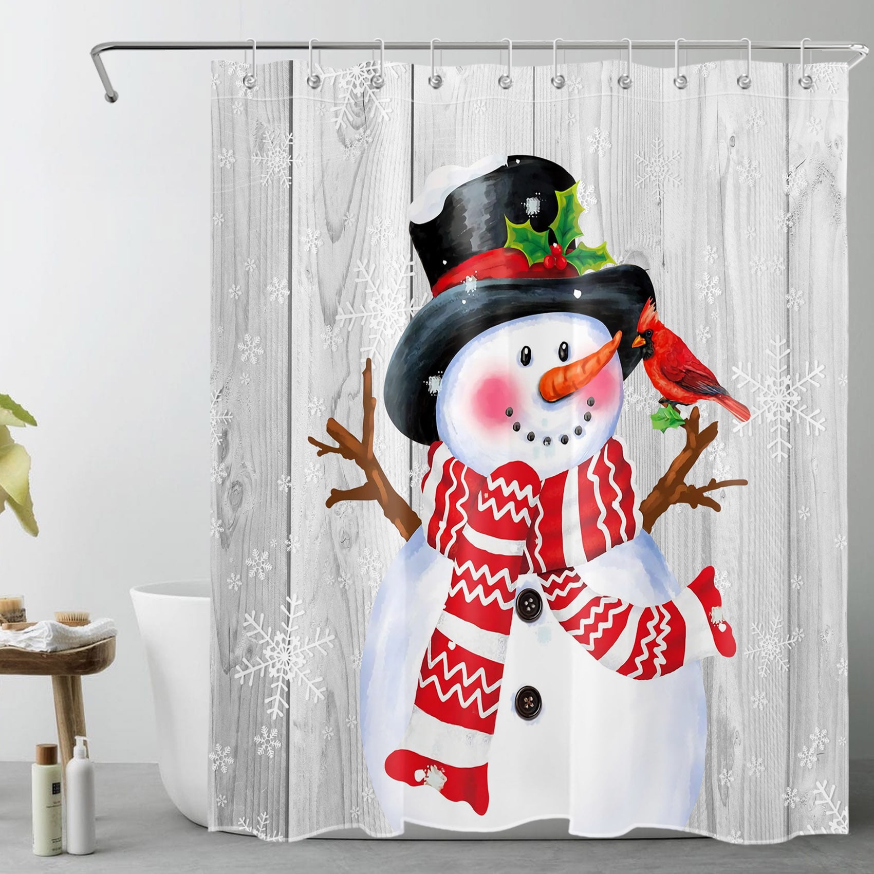 HVEST Farmhouse Christmas Shower Curtain for Bathroom, Snowman Cardinal