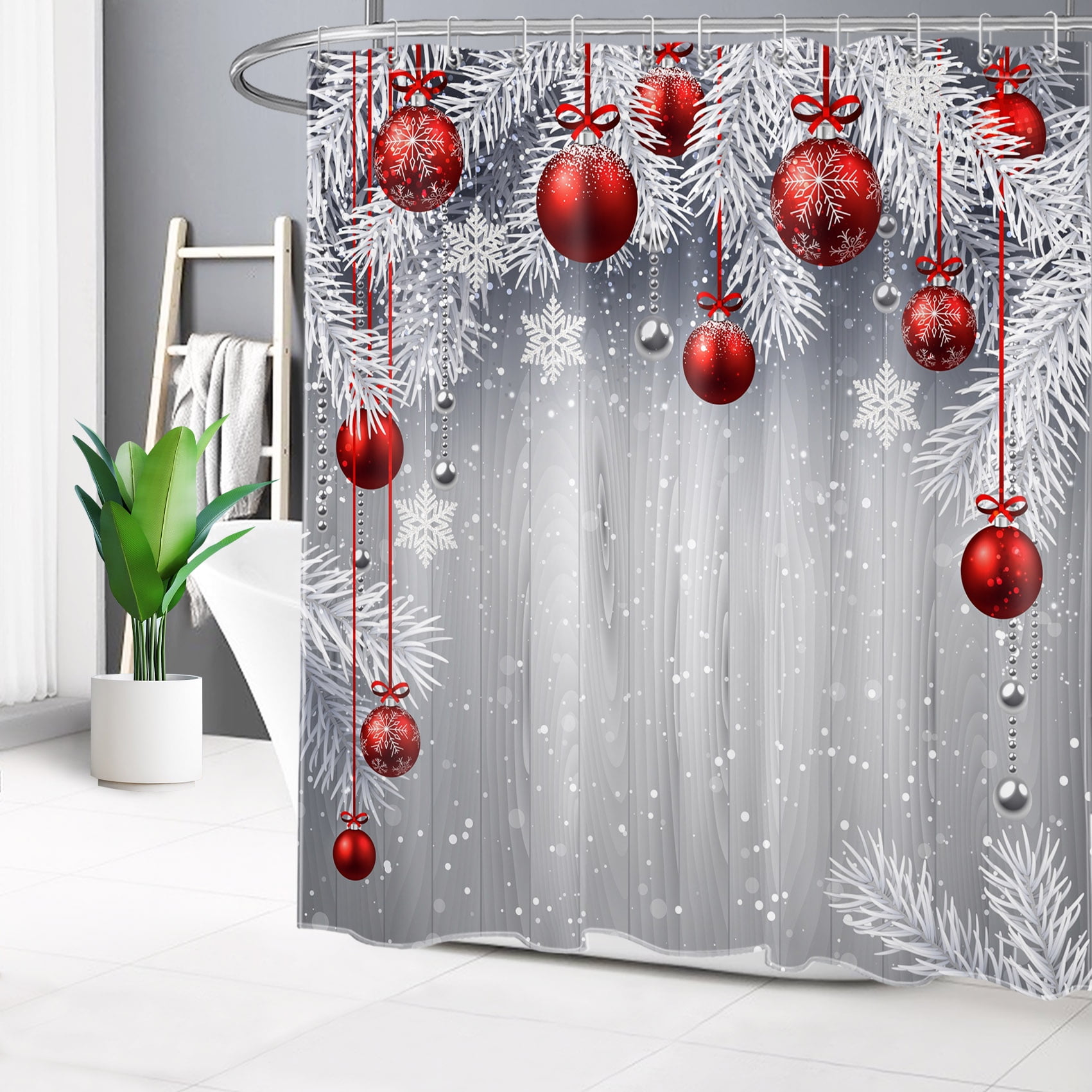 HVEST Farmhouse Christmas Shower Curtain Decor, Red Xmas Ball with Fir