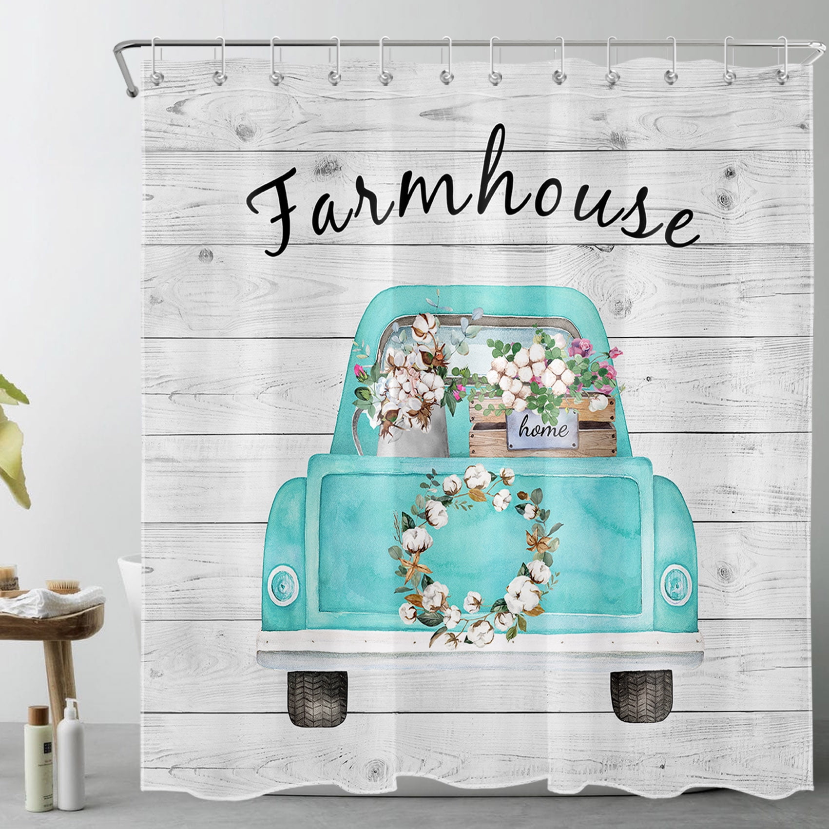 HVEST Farmhouse Weihnachts-Duschvorhang – Lustiges Tierdesign Mit Schwein, Esel & Rotem LKW, 180x180 Cm, Inkl. Haken