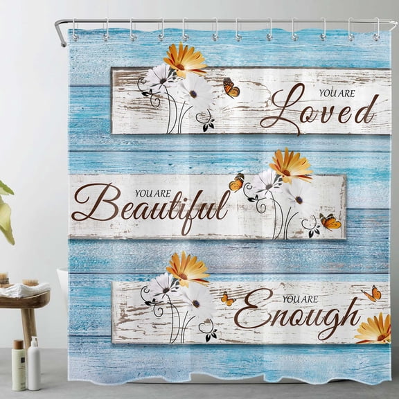 HVEST Farmhouse Vintage Floral Shower Curtain with Rustic Daisy Flower and Butterfly Design - Blue Wood Board Bathroom Decor, Waterproof Polyester Fabric, Includes 12 Hooks, 72x72 Inches