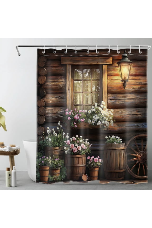 Farmhouse Western Shower Curtain, Rustic Brown Wood Board Shower Curtain - Vintage Floral Bathroom Decor, Waterproof Polyester Fabric, Includes 10 Hooks, 60x72 Inches