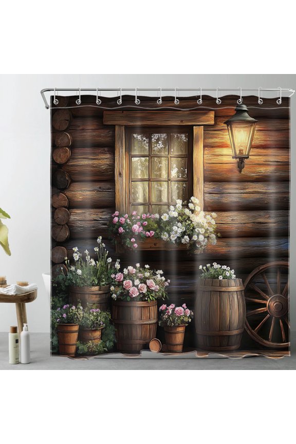 Farmhouse Western Shower Curtain, Rustic Brown Wood Board Shower Curtain - Vintage Floral Bathroom Decor, Waterproof Polyester Fabric, Includes 12 Hooks, 72x72 Inches