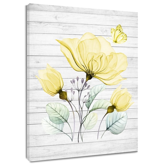 HVEST Farmhouse Yellow Floral Wall Art Watercolor Flower Butterfly Plant Canvas Wall Art Rustic Wood Framed Wall Decor for Living Room Bedroom Home, 8 X 10 inches