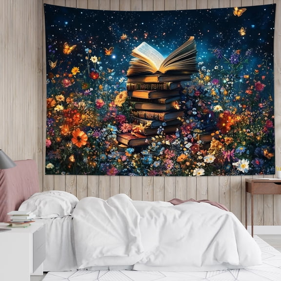 HVEST Floral Book Tapestry Wall Hanging Fantasy Wildflower Plant Butterfly and Books Wall Tapestry for Bedroom Galaxy Starry Sky Tapestry for Living Room College Dorm Home Decor,60x40 inch