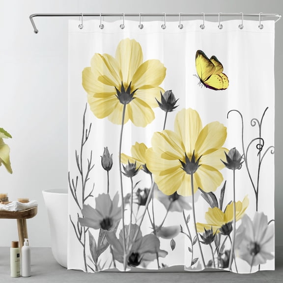 HVEST Floral Butterfly Shower Curtain, Yellow Flower and Gray Plant Shower Curtain - Watercolor Wildflower Bathroom Decor, Waterproof Polyester Fabric, Includes 10 Hooks, 60x72 Inches