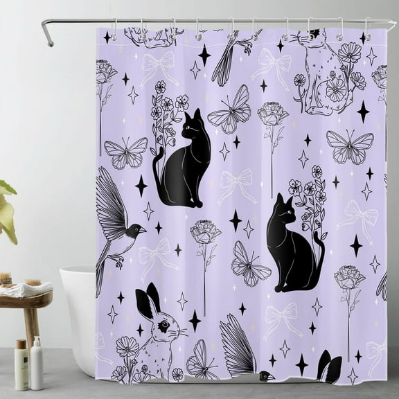 HVEST Floral Cat Shower Curtain with Wildflower Butterfly and Bird Rabbit Design - Animal Purple Bathroom Decor, Waterproof Polyester Fabric, Includes 10 Hooks, 60x72 Inches