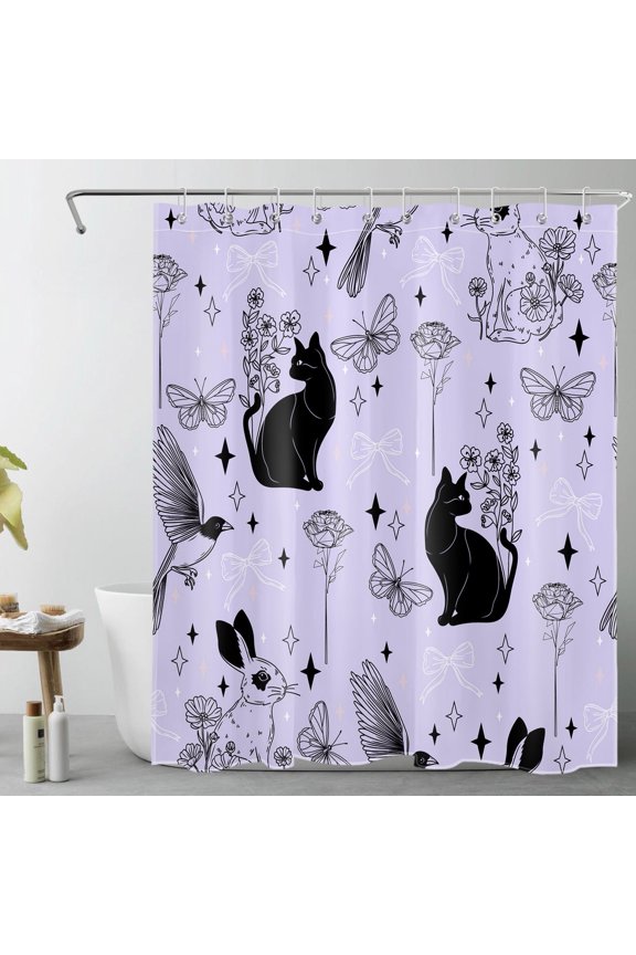 Floral Cat Shower Curtain with Wildflower Butterfly and Bird Rabbit Design - Animal Purple Bathroom Decor, Waterproof Polyester Fabric, Includes 10 Hooks, 60x72 Inches