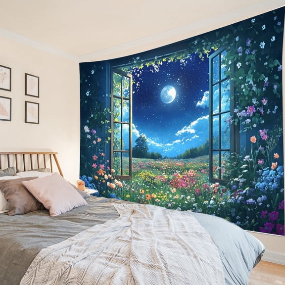 HVEST Floral and Fantasy Night Sky Tapestry Wall Hanging Wildflower Plant and Moon Wall Tapestry for Bedroom Nature Landscape Tapestry for Living Room College Dorm Home Decor,92.5x70.9 inch