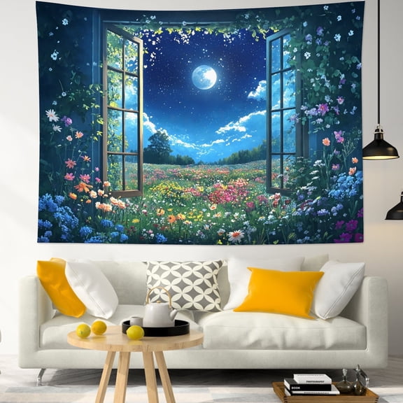 HVEST Floral and Fantasy Night Sky Tapestry Wall Hanging Wildflower Plant and Moon Wall Tapestry for Bedroom Nature Landscape Tapestry for Living Room College Dorm Home Decor,59x51 inch