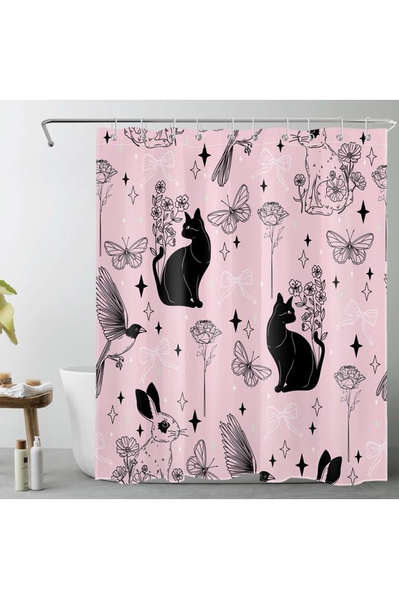 Flower Cat Shower Curtain with Floral Butterfly and Bird Rabbit Design - Black and Pink Bathroom Decor, Waterproof Polyester Fabric, Includes 10 Hooks, 60x72 Inches