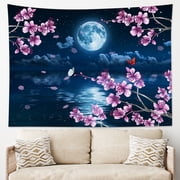 HVEST Full Moon Tapestry Wall Hanging, Starry Night Sky Wall Tapestry Blue Sea and Pink Floral Trippy Wall Art for Bedroom Living Room Teenager Dorm Poster Home Decorations 60x40 Inches