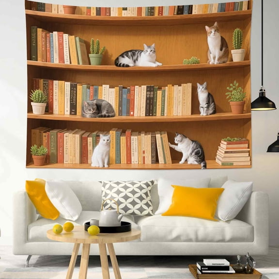 HVEST Funny Cat Bookshelf Tapestry Wall Hanging Cute Cat and Green Plant Wall Tapestry for Bedroom Books on Bookshelf Tapestry for Living Room College Dorm Home Decor,59x51 inch