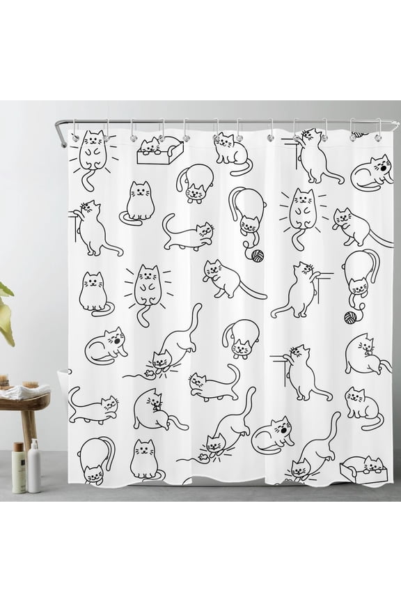 Funny Cat Shower Curtain with Black and White Cute Cat Design - Modern Minimalist Bathroom Decor, Waterproof Polyester Fabric, Includes 12 Hooks, 72x72 Inches