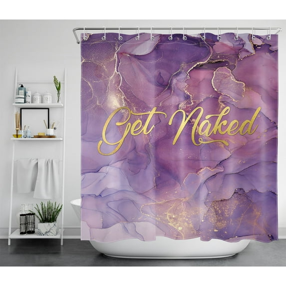 HVEST Funny Get Naked Shower Curtain Purple Abstract Ink Texture with Cool Words Modern Marble Bathroom Shower Curtains, Polyester Aesthetic Luxury Fabric Bathtub Curtain with 12 Hooks, 70x69 Inch