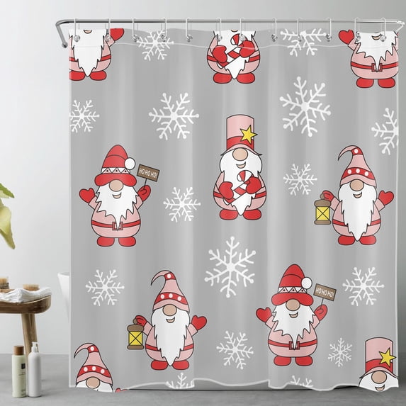 HVEST Funny Gnome Shower Curtain,Snowflakes and Cute Gnomes on Grey Background Bathroom Shower Curtain Christmas Polyester Fabric Decor Curtain with Hooks, 69X70 inch
