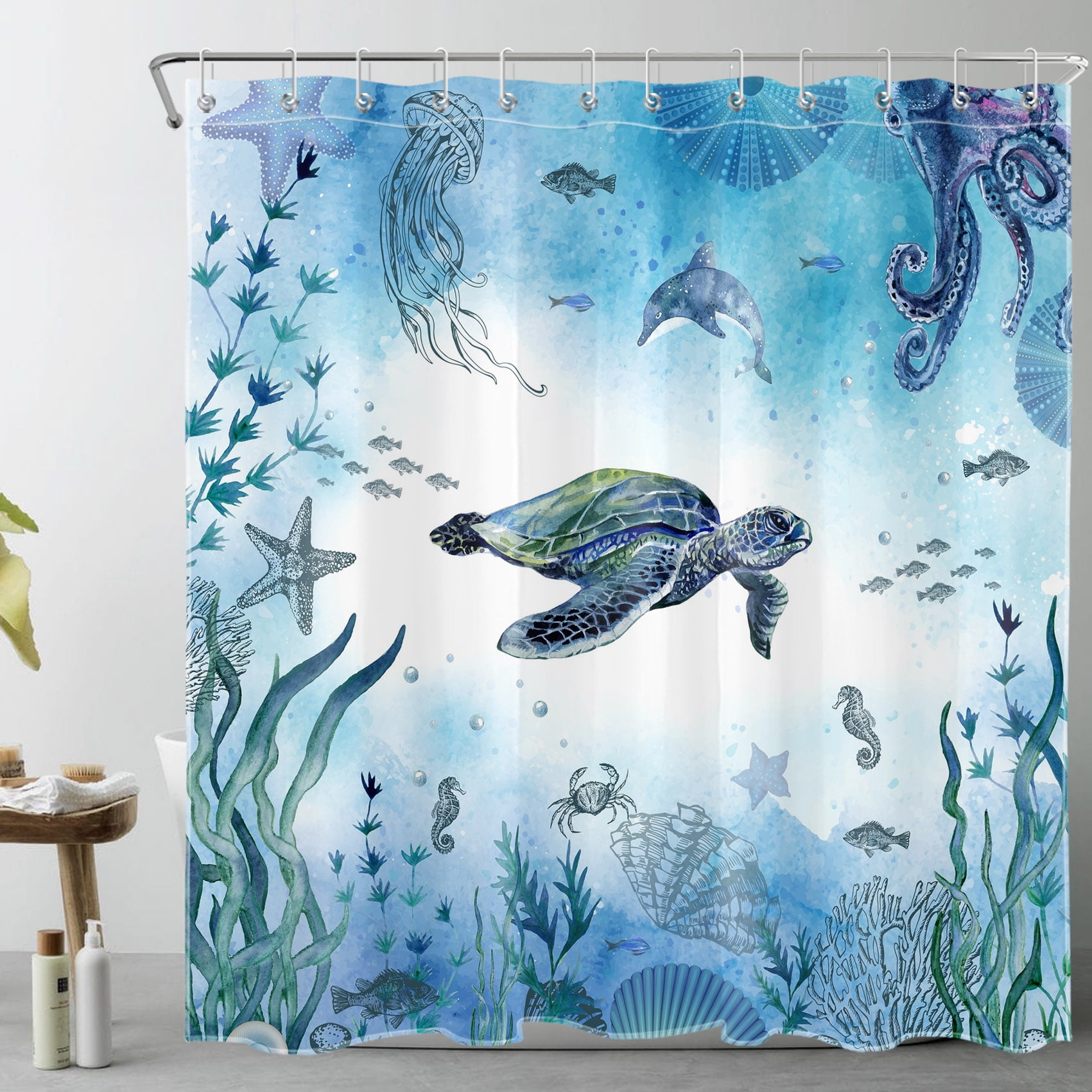 HVEST Funny Sea Turtle Shower Curtain for Bathroom Wild Marine Life  Jellyfish Octopus and Dolphin Coral Bathroom Shower Curtains with Hooks